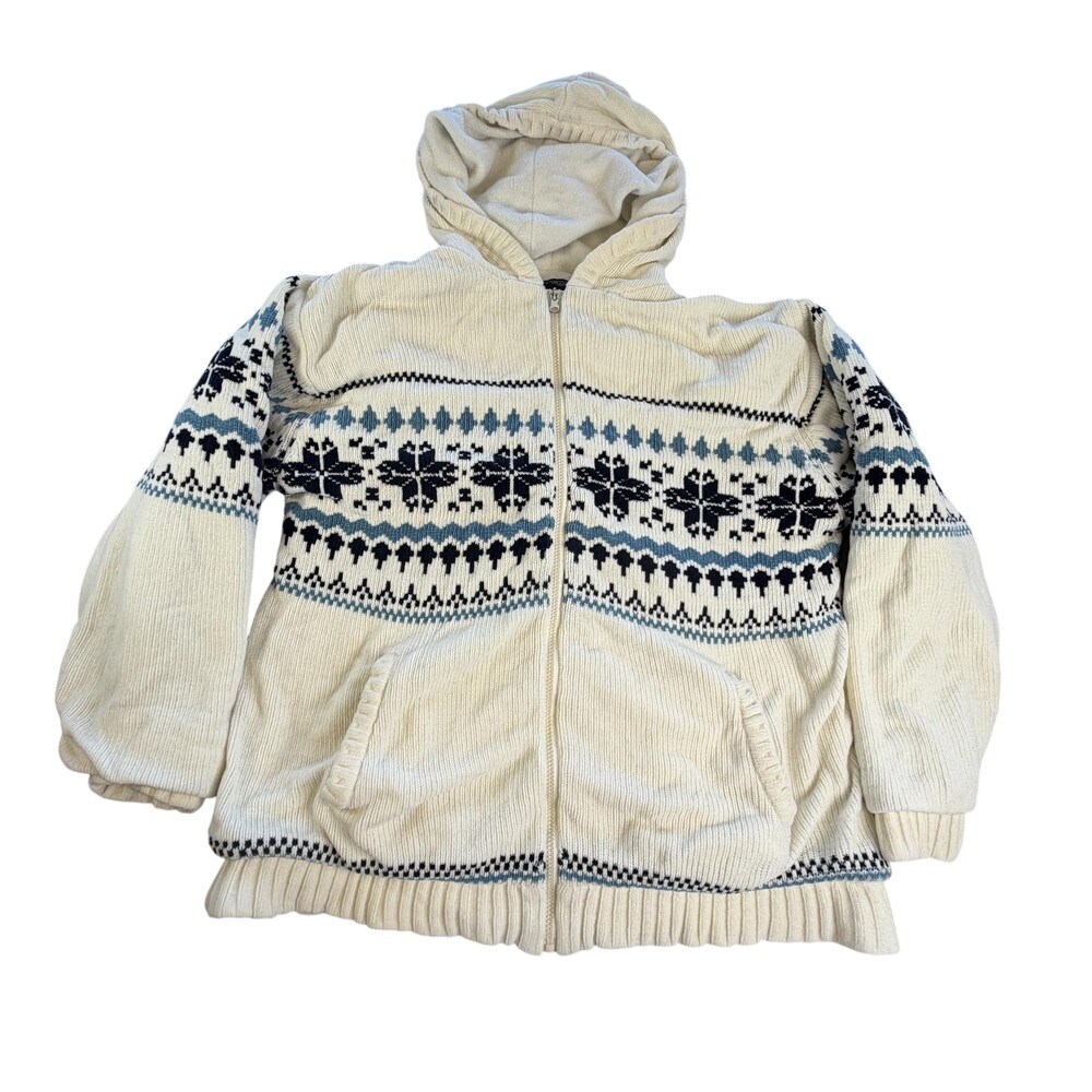 ANS Ski Jacket Mens Large White Fair Isle Hooded Full Zip Fleece Lined Winter